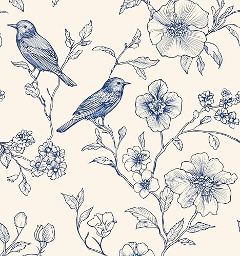 Laatse Beige Wallpaper Peel and Stick Blue Floral Bird Vintage Contact Paper 175 x 393 Boho Animal Self Adhesive Waterproof Removable for Bathroom Shelves Cabinet Drawer Table Decor Renter Friendly - Image 1