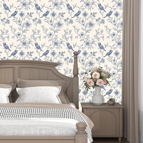 Laatse Beige Wallpaper Peel and Stick Blue Floral Bird Vintage Contact Paper 175 x 393 Boho Animal Self Adhesive Waterproof Removable for Bathroom Shelves Cabinet Drawer Table Decor Renter Friendly - Image 3
