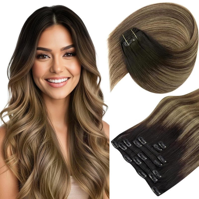 Sunny Hair مشبك شعر مشمس في وصلات شعر حقيقية شعر بشري مزدوج اللف ريمي مشبك في وصلات شعر بشري للنساء رأس كامل أسود أومبري بني بالياج كراميل أشقر 18 بوصة - Image 1