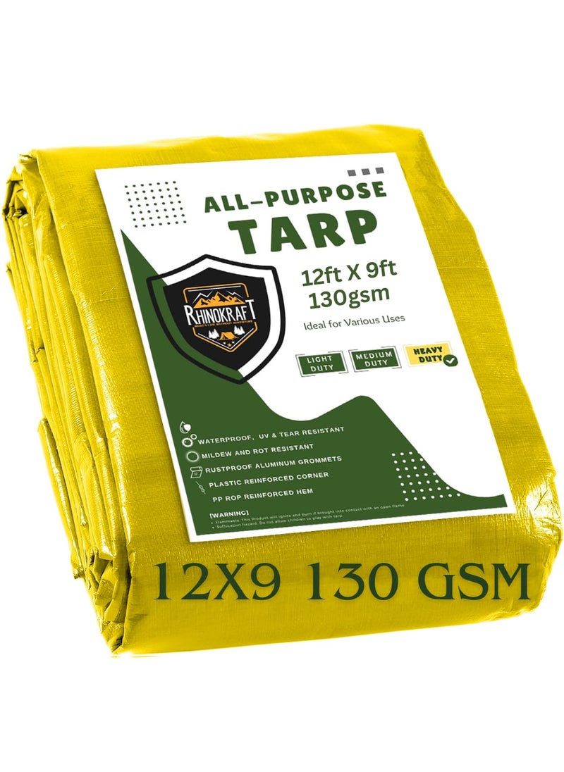 RhinoKraft Rhinokraft HeavyDuty AllPurpose Tarp 12ft x 9ft 130 GSM Waterproof UV Resistant Yellow  - Image 1