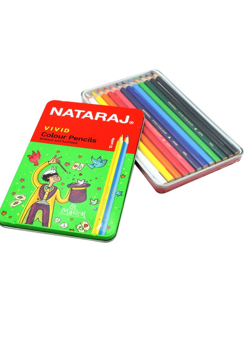 NATARAJ أقلام تلوين مثلثة فاخرة من Vivid مكونة من 12 قطعة في علبة معدنية  - Image 1