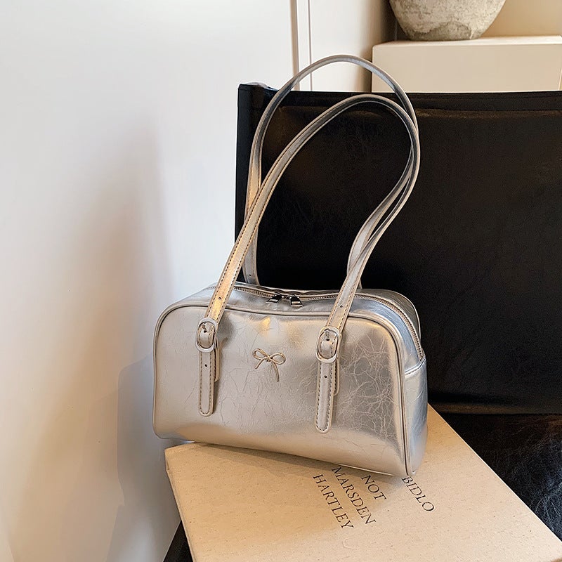 Bags For Women, Oil Leather Bridal Bag, Bow Shoulder Bag, Hand-Held Armpit Bag, Patent Leather Pillow Bag, Textured Women'S Bag, Dinner Bag - Image 3