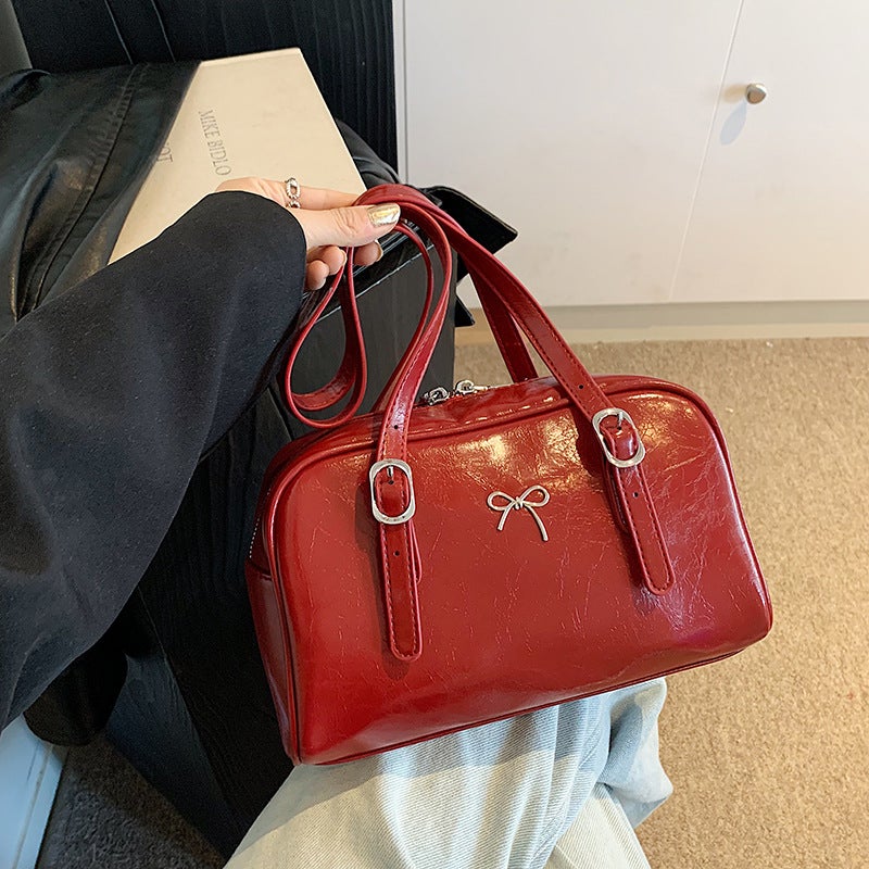 Bags For Women, Oil Leather Bridal Bag, Bow Shoulder Bag, Hand-Held Armpit Bag, Patent Leather Pillow Bag, Textured Women'S Bag, Dinner Bag - Image 2