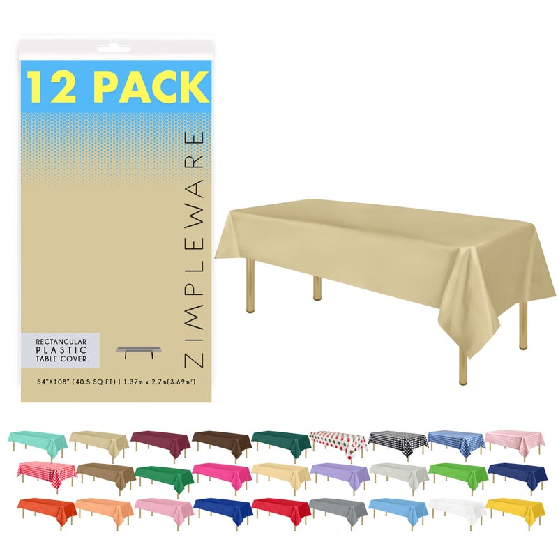 ZIMPLEWARE Premium Beige Plastic Table Cloth Disposable 12 Pk Plastic Tablecloths for Rectangle Tables 54in x 108in Party Table Cloths Disposable for 6ft to 8ft Rectangle Tables