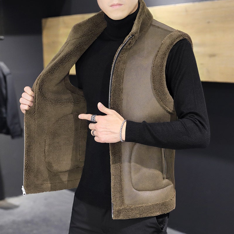 2024 Mens Reversible Fur Vest Casual Fleece Coffee  - Image 1