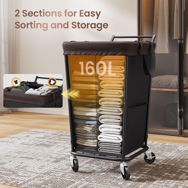 Wawocs 160L Laundry Hamper with Wheels and Handle, 2-Section Rolling Hamper for Laundry, Large Laundry Basket with Wheels, Rolling Laundry Basket Clothes Hamper for Home, Bathroom and Dorm(Black) - Image 4