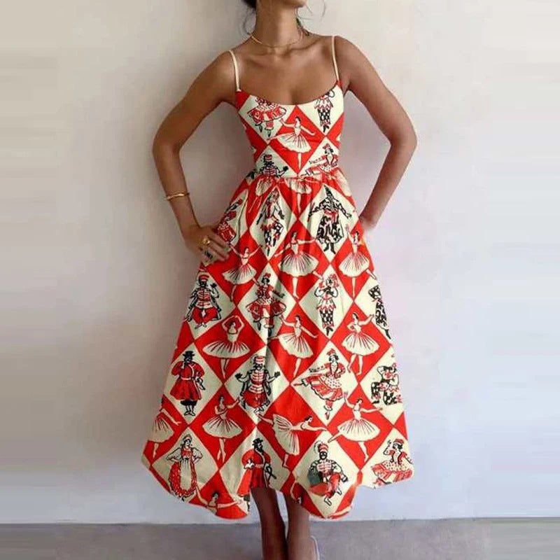 2025 Summer Independent Station Popular Fashion Elegant Printed Pleated Waist Large Hem Suspender Dress - Image 1