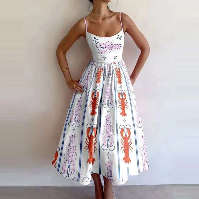 2025 Summer Independent Station Popular Fashion Elegant Printed Pleated Waist Large Hem Suspender Dress - Image 2
