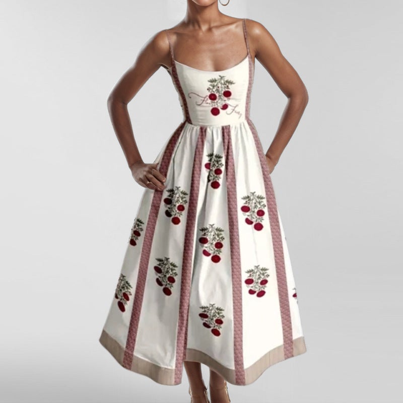 2025 Summer Independent Station Popular Fashion Elegant Printed Pleated Waist Large Hem Suspender Dress - Image 3
