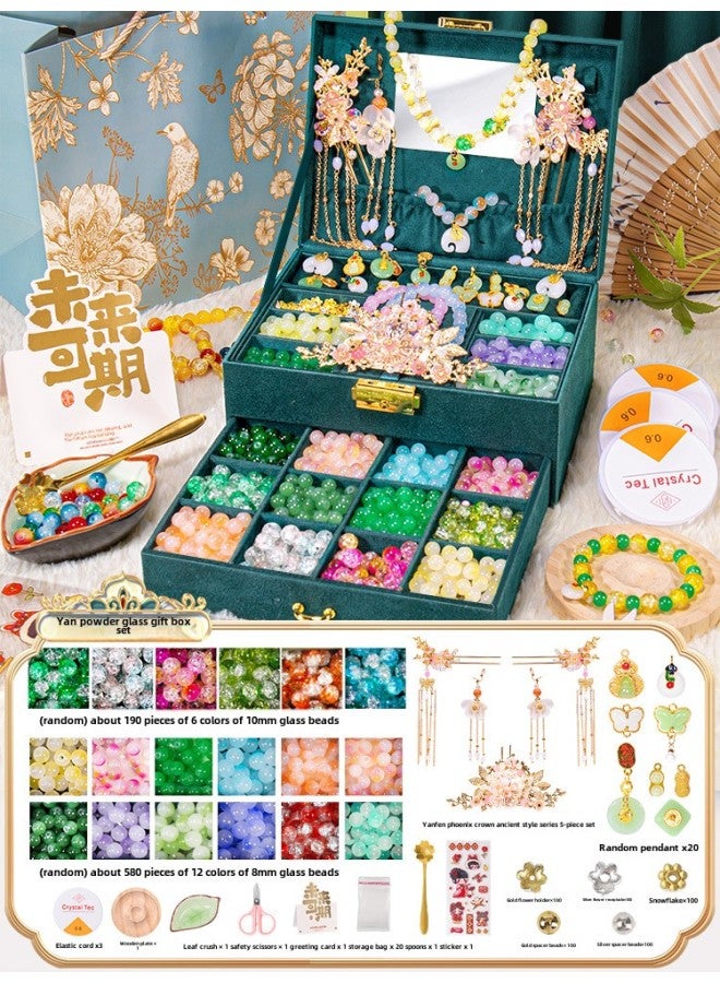 National Fashion Girls' Birthday Gift Wear Bracelet Antique Beaded Children's Toy Glazed Jewelry DIY Handmade-Color:Yanfen Phoenix Crown [yan Pink Glass Gift Box] - Image 1