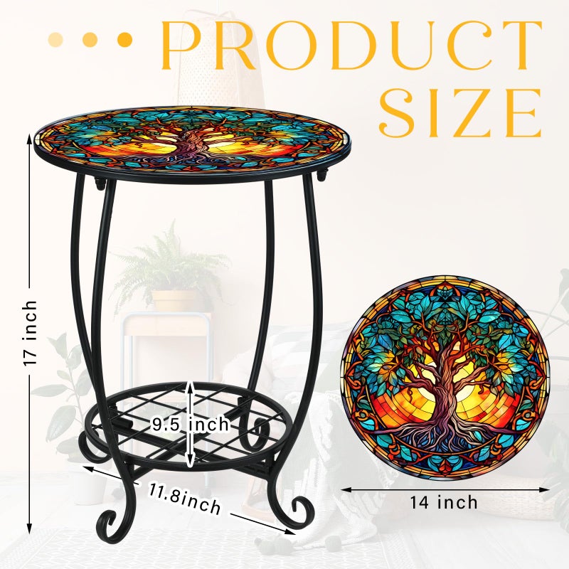 Cinnvoice Outdoor Side Table Round Small Mosaic Patio Accent Indoor End Plant Coffee Tea Table for Yard Patio Porch Garden Living Room, Bedroom(Sunset and Flowers,14 Inch) - Image 2