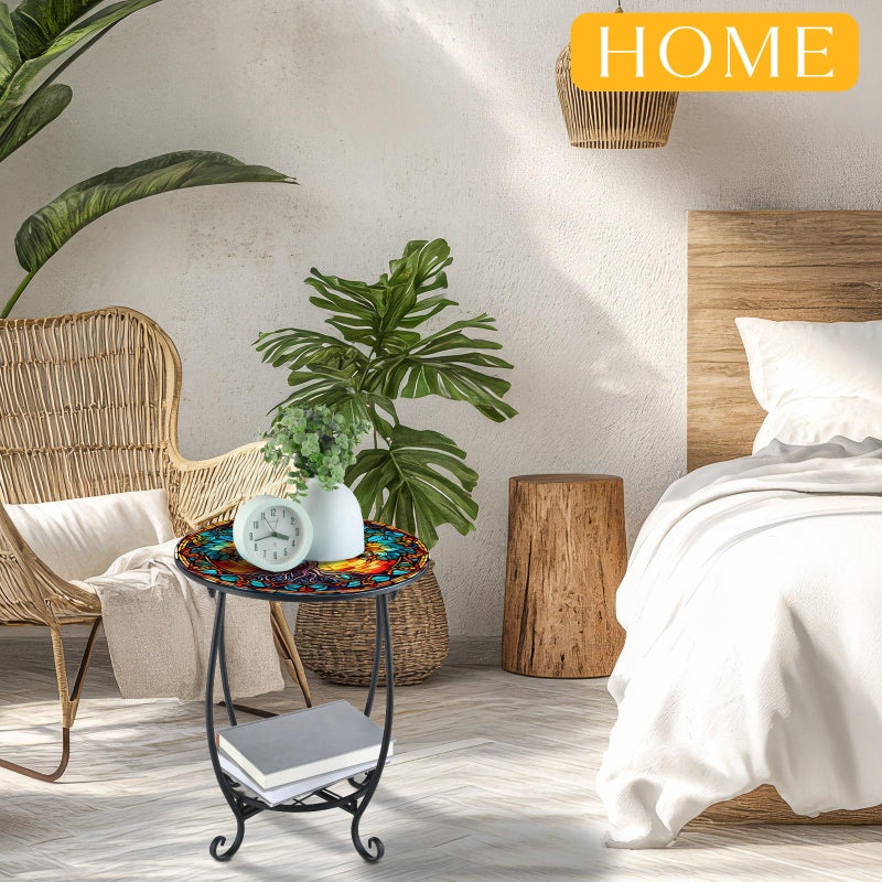 Cinnvoice Outdoor Side Table Round Small Mosaic Patio Accent Indoor End Plant Coffee Tea Table for Yard Patio Porch Garden Living Room, Bedroom(Sunset and Flowers,14 Inch) - Image 4