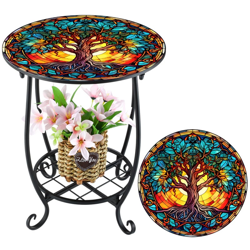 Cinnvoice Outdoor Side Table Round Small Mosaic Patio Accent Indoor End Plant Coffee Tea Table for Yard Patio Porch Garden Living Room, Bedroom(Sunset and Flowers,14 Inch) - Image 1