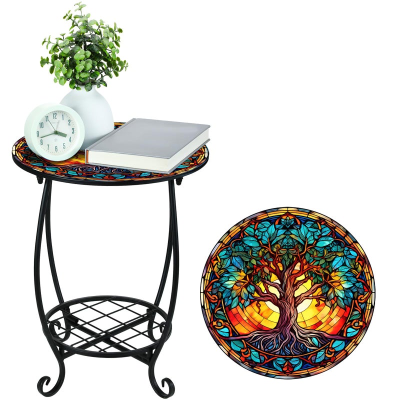 Cinnvoice Outdoor Side Table Round Small Mosaic Patio Accent Indoor End Plant Coffee Tea Table for Yard Patio Porch Garden Living Room, Bedroom(Sunset and Flowers,14 Inch) - Image 5