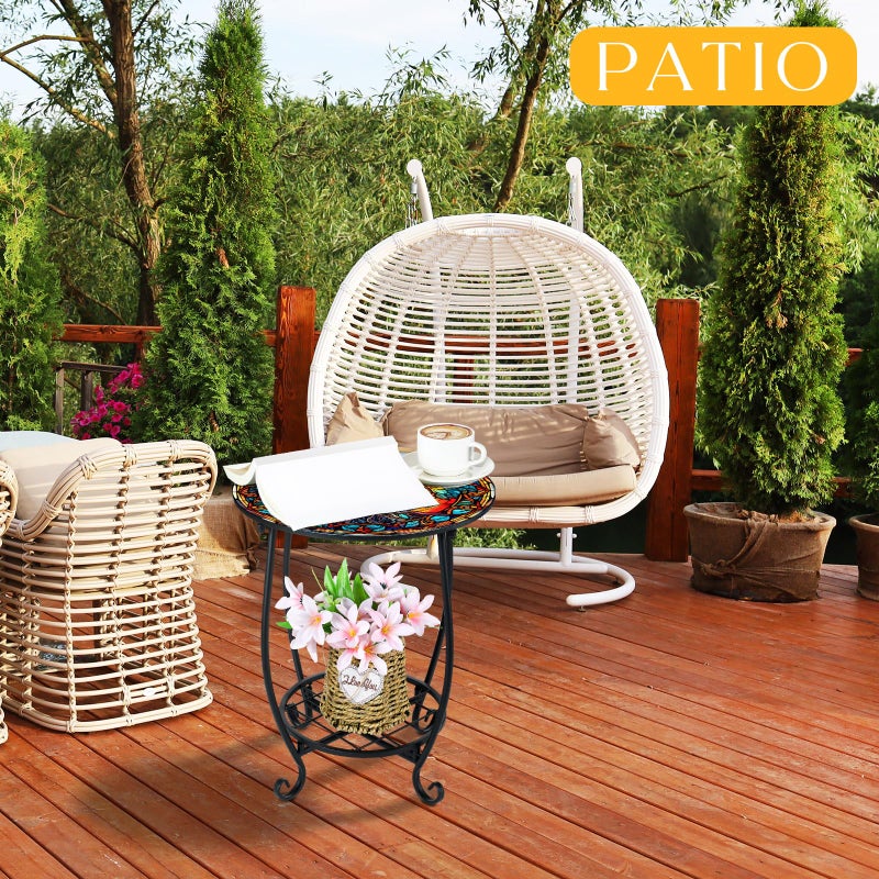 Cinnvoice Outdoor Side Table Round Small Mosaic Patio Accent Indoor End Plant Coffee Tea Table for Yard Patio Porch Garden Living Room, Bedroom(Sunset and Flowers,14 Inch) - Image 3