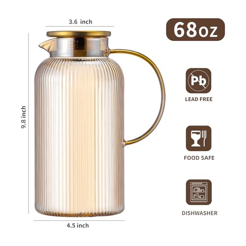 Buaic 2 PACK Glass Pitcher with Lid 68 oz 2 Liter Amber Classic Vertical Stripes Water PitcherGlass Water Carafe for Cold Brew Coffee Lemonade Iced TeaBeverage Heat Resistant Water Glass Jug - Image 3