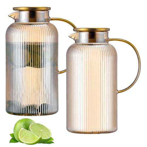 Buaic 2 PACK Glass Pitcher with Lid 68 oz 2 Liter Amber Classic Vertical Stripes Water PitcherGlass Water Carafe for Cold Brew Coffee Lemonade Iced TeaBeverage Heat Resistant Water Glass Jug - Image 1