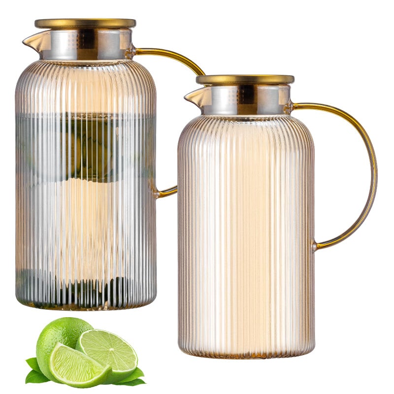 Buaic 2 PACK Glass Pitcher with Lid 68 oz 2 Liter Amber Classic Vertical Stripes Water PitcherGlass Water Carafe for Cold Brew Coffee Lemonade Iced TeaBeverage Heat Resistant Water Glass Jug - Image 2