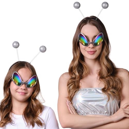 Cheerin Silver Alien Headbands and Glasses - Martian Antenna Headbands - Glitter Ball Head Boppers - Space Theme Costume - Alien Costume Accessories (2 Pack) - Image 4