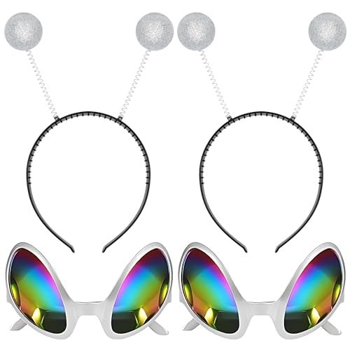 Cheerin Silver Alien Headbands and Glasses - Martian Antenna Headbands - Glitter Ball Head Boppers - Space Theme Costume - Alien Costume Accessories (2 Pack) - Image 1