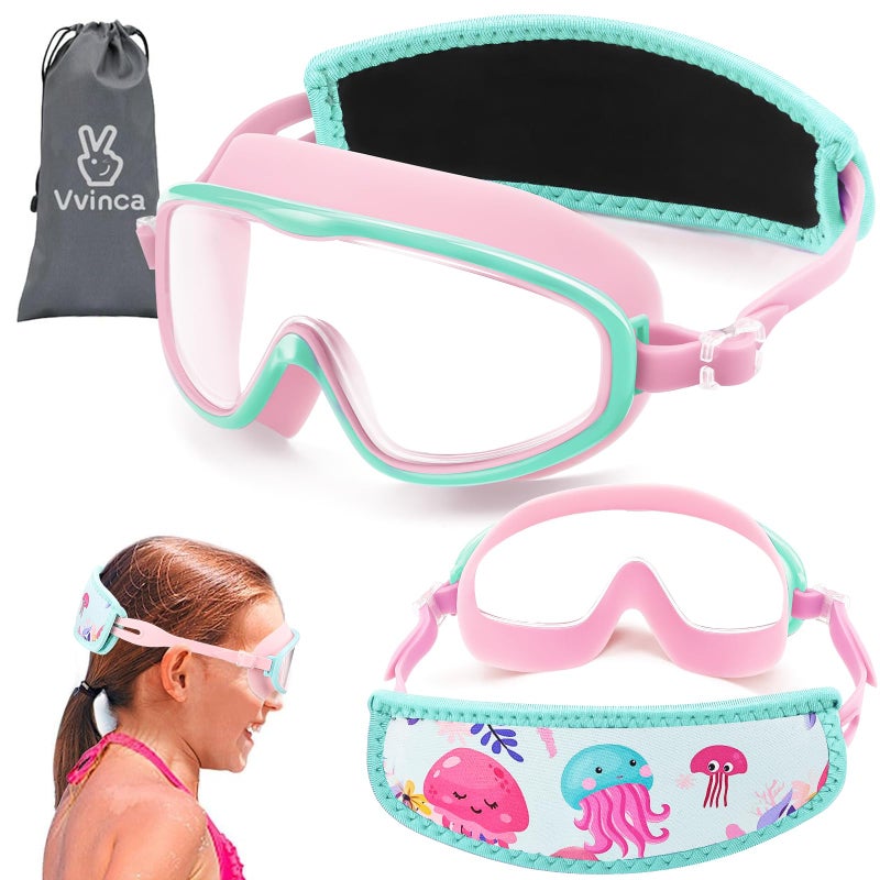 Vvinca Kids Swim Goggles for Age 2-8, Toddler-Goggles with Fabric Strap No Leak Pain-Free, Anti-Fog Goggles for Girls Boys - Image 1