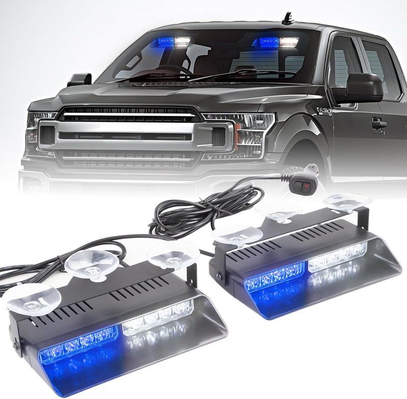 PKINGLAKE 2 in 1 LED Emergency Dash Strobe Light Bar Front/Rear Windshield Safety Flashing Warning Hazard Interior Lights for Police Firefighter Construction Vehicles Trucks (2x7.5 inch, Blue/White) - Image 1