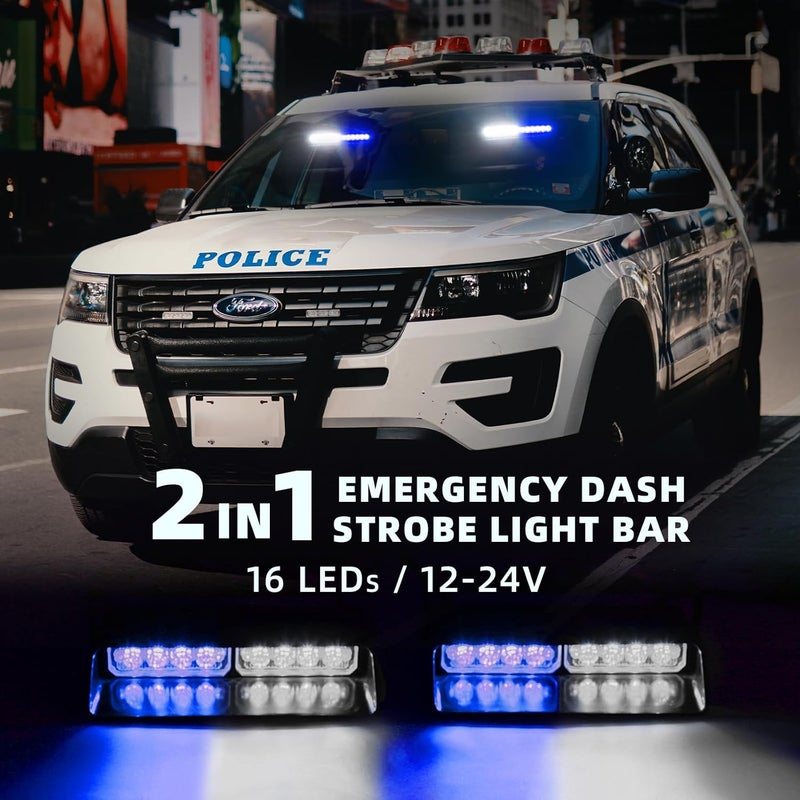 PKINGLAKE 2 in 1 LED Emergency Dash Strobe Light Bar Front/Rear Windshield Safety Flashing Warning Hazard Interior Lights for Police Firefighter Construction Vehicles Trucks (2x7.5 inch, Blue/White) - Image 2