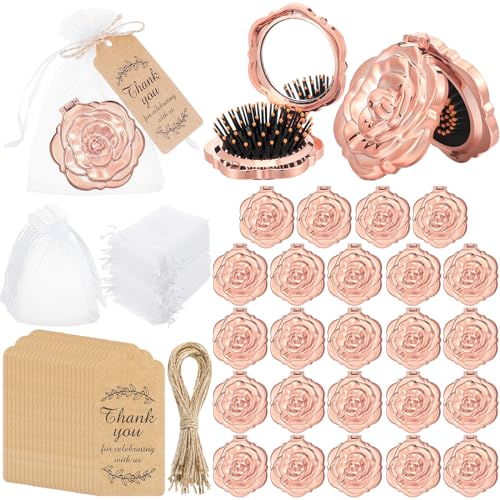 Singhoow 24 Sets Rose Compact Mirrors Brush Bulk Quinceanera Party Favors for Guests Travel Mirror Thank You Gifts Bulk for Sweet 16 15 Party Favors Bridal Shower Wedding SouvenirsRose Gold - Image 1