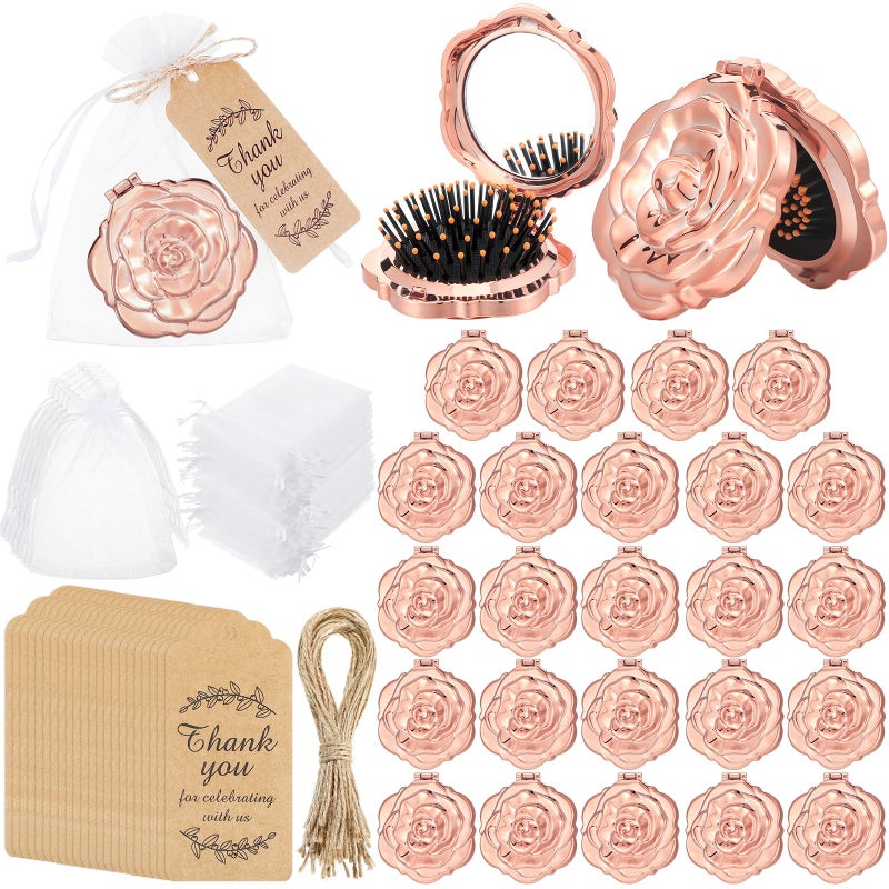 Singhoow 24 Sets Rose Compact Mirrors Brush Bulk Quinceanera Party Favors for Guests Travel Mirror Thank You Gifts Bulk for Sweet 16 15 Party Favors Bridal Shower Wedding SouvenirsRose Gold - Image 2