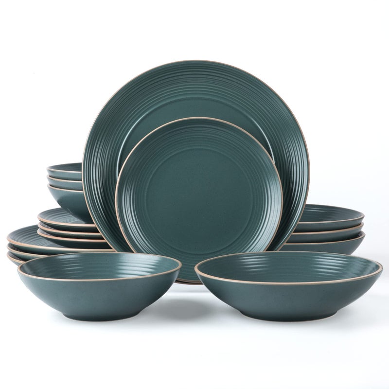 Arora RINGAR Round Stoneware 16pc Double Bowl Dinnerware Set for 4 Dinner Plates Side Plates Cereal Bowls Pasta Bowls  Speckle Matte Green 431952