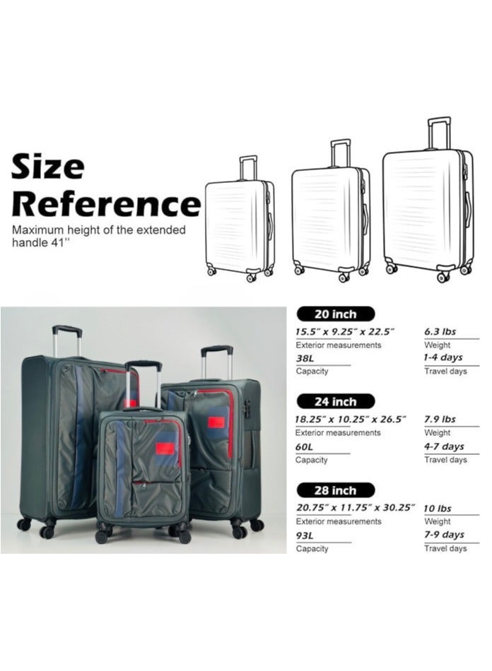 SAW & SEE Luggage Trolley Bag 3 Piece Set - Soft side Expandable Nylon Ultra Lightweight Durable Waterproof Suitcase with TSA Lock, 4 Double Spinner Wheels & Anti-Theft Zipper - 20" / 24" / 28"- Dark Grey - Image 3