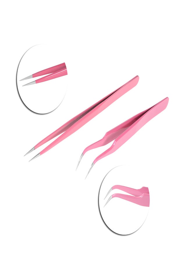 2Pcs/set Stainless Steel Pink Straight/Curved Nail Tweezers Nippers Tools Eyelash Extension Tweezers Pointed Clip Makeup Tools - Image 4