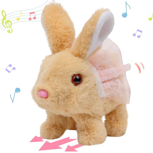 Hopearl Hopping Rabbit with Dress Interactive Electronic Pet Plush Bunny Toy with Sounds and Movements Animated Walking Wiggle Ears Twitch Nose Gifts for Toddlers Birthday Brown 7 - Image 1