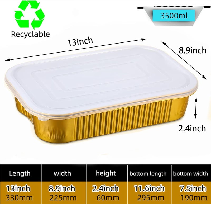 SuiXinCook أواني خبز من رقائق الألمنيوم الذهبية مع أغطية، قوية التحمل 9"×13" (10 عبوة + 10 أغطية)، حاويات طعام قابلة للاستخدام المتكرر F330 (3500 مل) - Image 3
