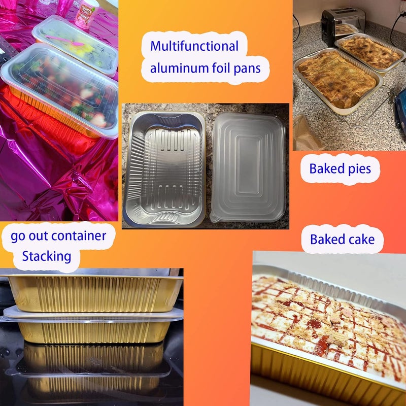 SuiXinCook أواني خبز من رقائق الألمنيوم الذهبية مع أغطية، قوية التحمل 9"×13" (10 عبوة + 10 أغطية)، حاويات طعام قابلة للاستخدام المتكرر F330 (3500 مل) - Image 4