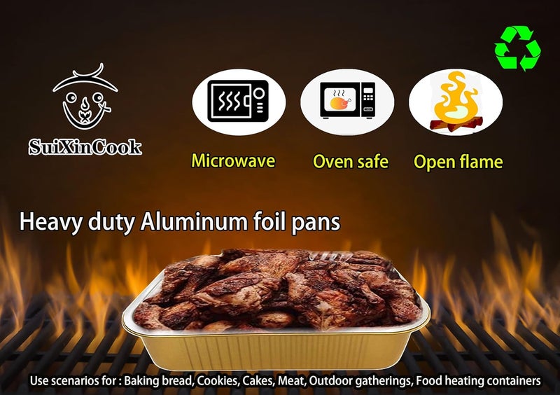 SuiXinCook أواني خبز من رقائق الألمنيوم الذهبية مع أغطية، قوية التحمل 9"×13" (10 عبوة + 10 أغطية)، حاويات طعام قابلة للاستخدام المتكرر F330 (3500 مل) - Image 2