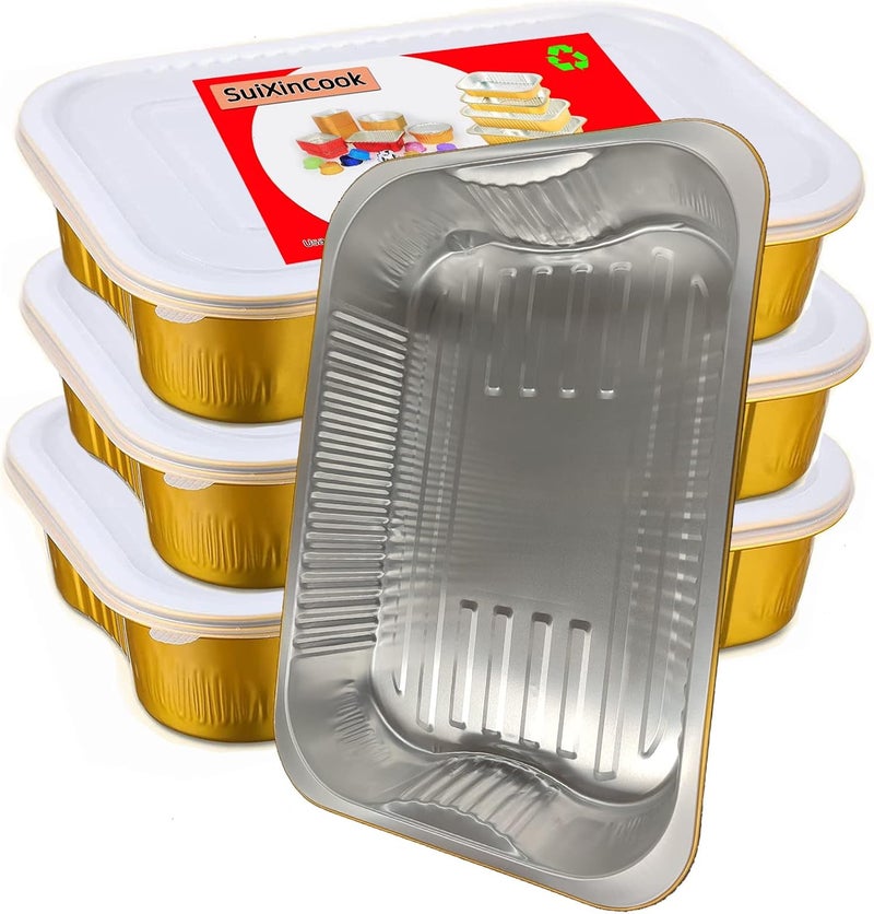 SuiXinCook أواني خبز من رقائق الألمنيوم الذهبية مع أغطية، قوية التحمل 9"×13" (10 عبوة + 10 أغطية)، حاويات طعام قابلة للاستخدام المتكرر F330 (3500 مل) - Image 1