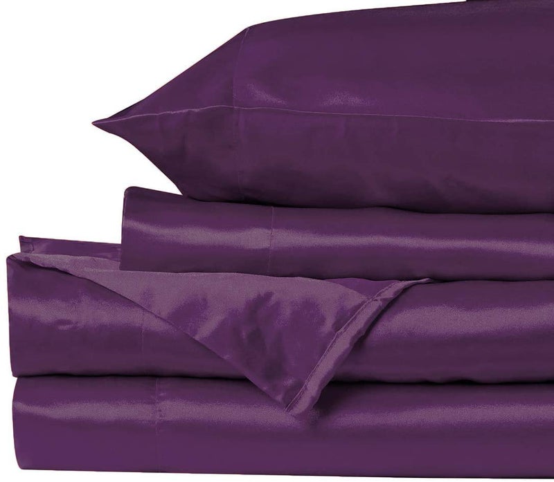MK Home Mk Collection 4pc Queen Soft Silky Satin Solid Purple Deep Pocket Sheet Set New - Image 2