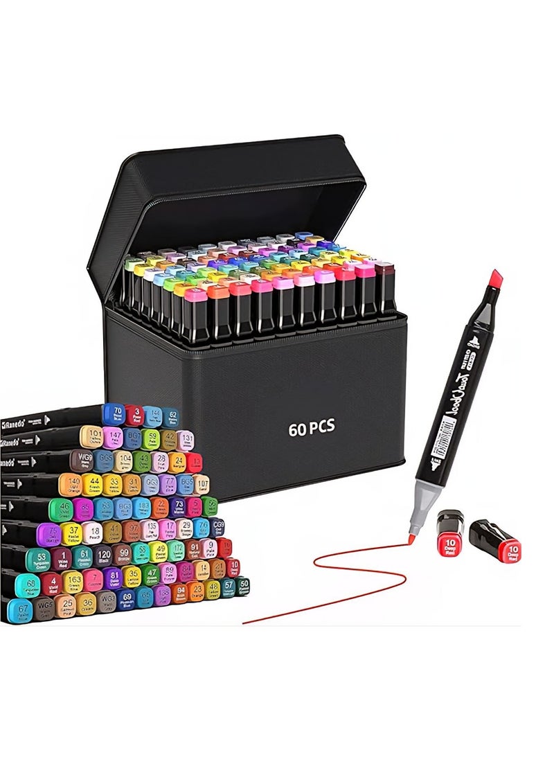 Generic Graphic Marker Set (60 Colors) Multicolor Dual-Tipped  Based Markers with Bag for Sketching, Calligraphy, and Design - Coloring Pen Set - Coloring and Drawing Ink for Kids and Adults - Perfect Coloring Pen Set for Artists and Hobbyists with Stylish Carrying Case Suitable for Art Gifts - Graffiti, Coloring, Outlining, Shading - Marker and Painting Projects with Bag  - Image 1