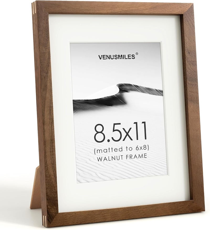 Venusmiles إطار صور 8.5x11 بوصة، خشب جوز طبيعي من الولايات المتحدة، إطار صور مجمّع مع زجاج مقسّى عالي الوضوح، إطار خشبي بسيط حديث 8.5x11 مع حافة داخلية مقاس 6x8، إطارات جدارية للفن، عرض على الحائط أو الطاولة - Image 1