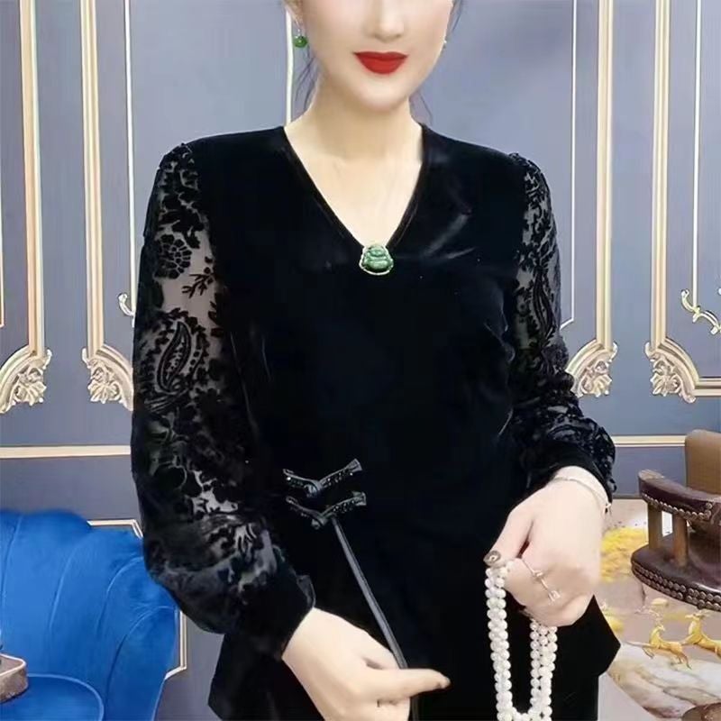 Middle-Aged And Elderly Mothers' Outer Wear Long-Sleeved Lace Button-Down Shirt, Fashionable And Slimming Look Large Size Short Gold Velvet Top - Image 3