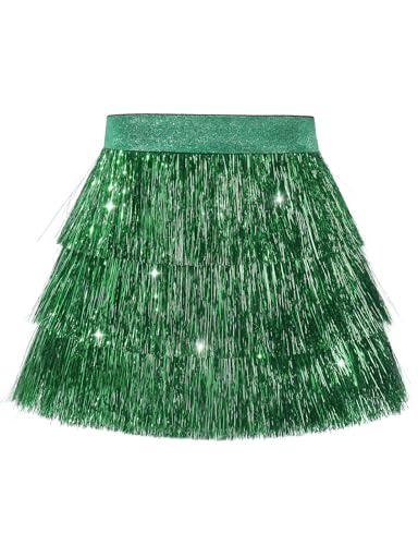 Noomelfish Girls Tinsel Fringe Skirt Sparkly Tassel Metallic Party Skirt, Green, Size 7-8 Years - Image 1