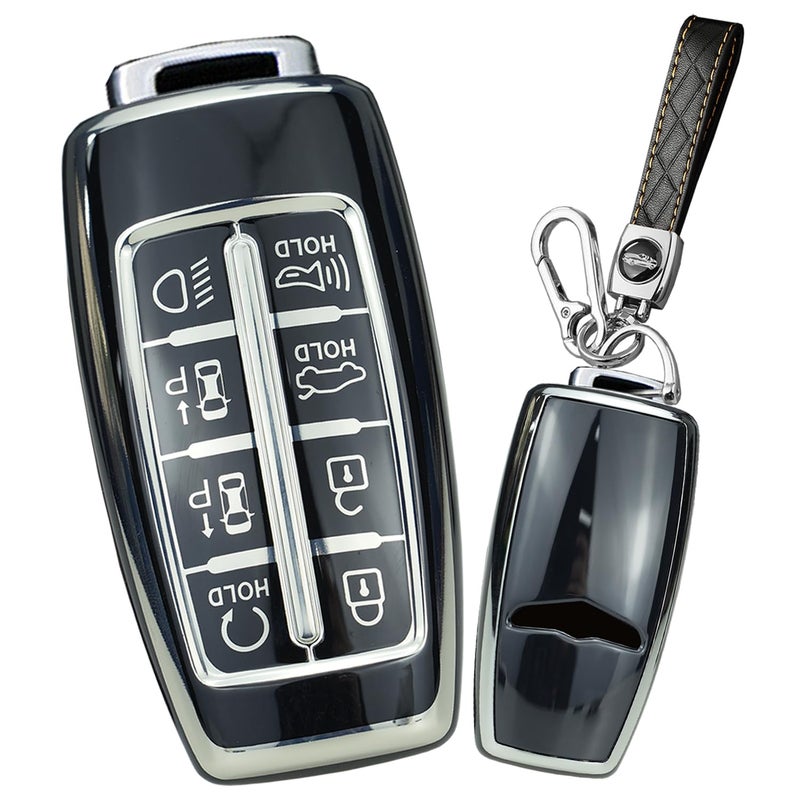 SANRILY SliverEdge 8 Button Smart Key Fob Cover for Genesis GV80 2021 2022 G80 GV70 G90 Keyless Soft TPU Key Case with Leather Keychain Black