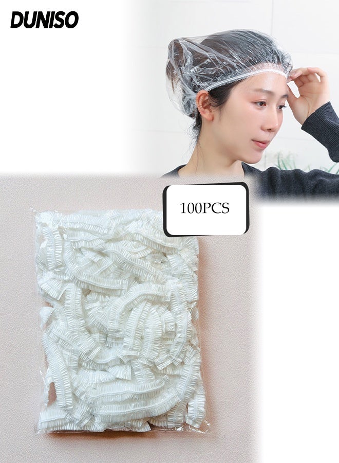 DUNISO 100Pcs Disposable Shower Cap Set,Thickening Waterproof Shower Caps,Plastic Clear Hair Cap,Oil and Stain Resistant,Elastic Big,for Women, Men, Travel Spa, Hotel, Hair Solon, Home Use - Image 1