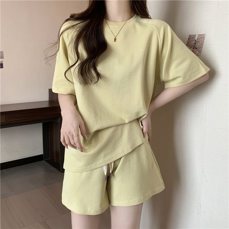 Sports-style suit Womens Summer Thin Loose Slimming plus size All-match Solid Color Short-sleeved Shorts Two-piece Set for Hair Grey - Image 5