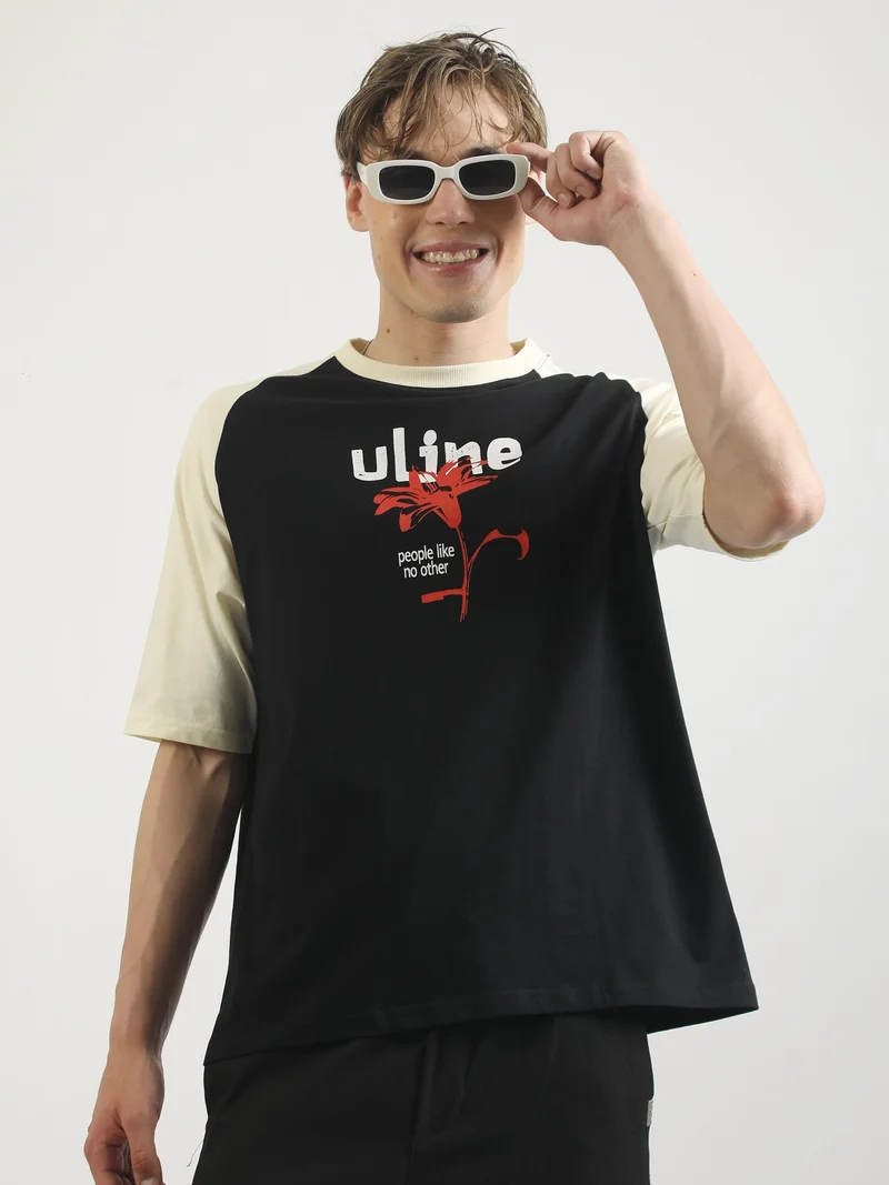 Maniac  Maniac Mens Printed Round Neck Raglan Half Sleeve Cream and Black Cotton T-Shirt for Men | Best Price UAE