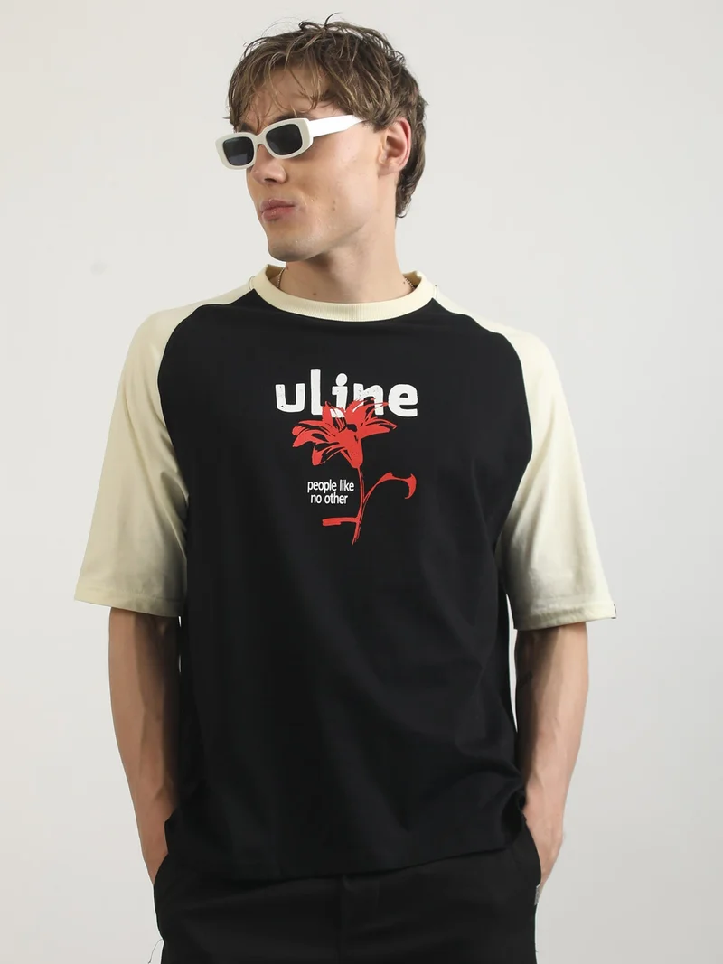 Maniac  Maniac Mens Printed Round Neck Raglan Half Sleeve Cream and Black Cotton T-Shirt for Men | Best Price UAE