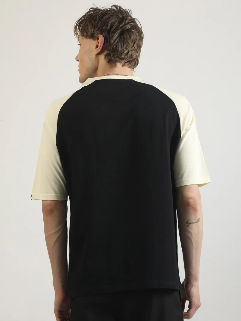 Maniac  Maniac Mens Printed Round Neck Raglan Half Sleeve Cream and Black Cotton T-Shirt for Men | Best Price UAE