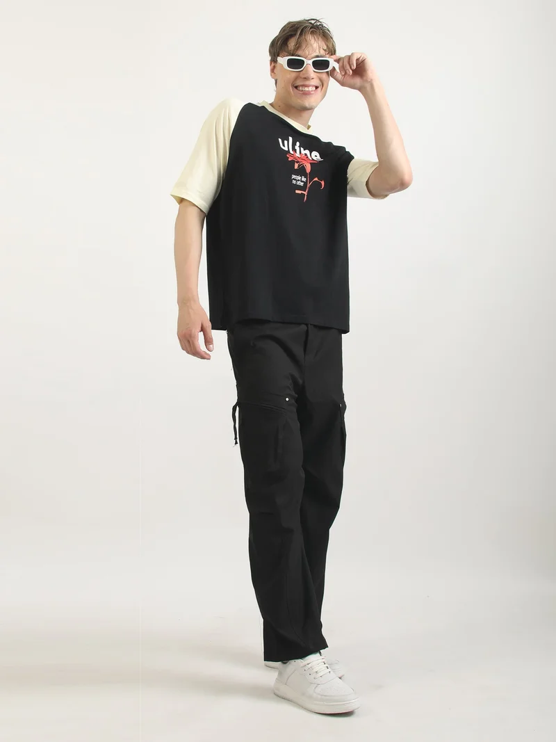 Maniac  Maniac Mens Printed Round Neck Raglan Half Sleeve Cream and Black Cotton T-Shirt for Men | Best Price UAE