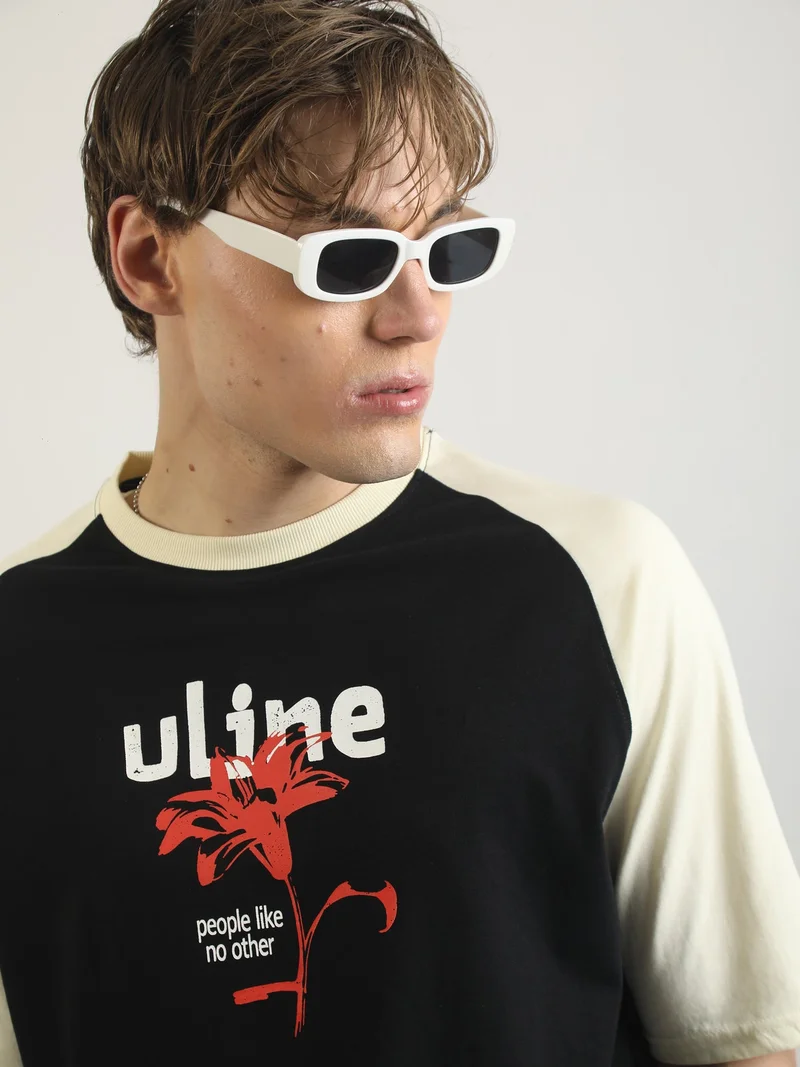 Maniac Mens Printed Round Neck Raglan Half Sleeve Cream and Black Cotton T-Shirt